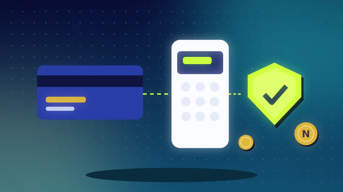 Bank card, a payment terminal, a shield with a check mark and a Naira coin