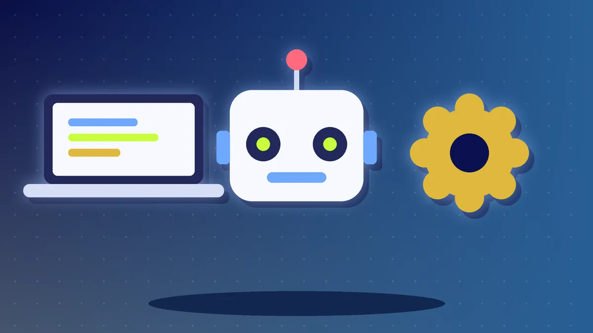 Illustration of a laptop, a friendly AI robot and a gear