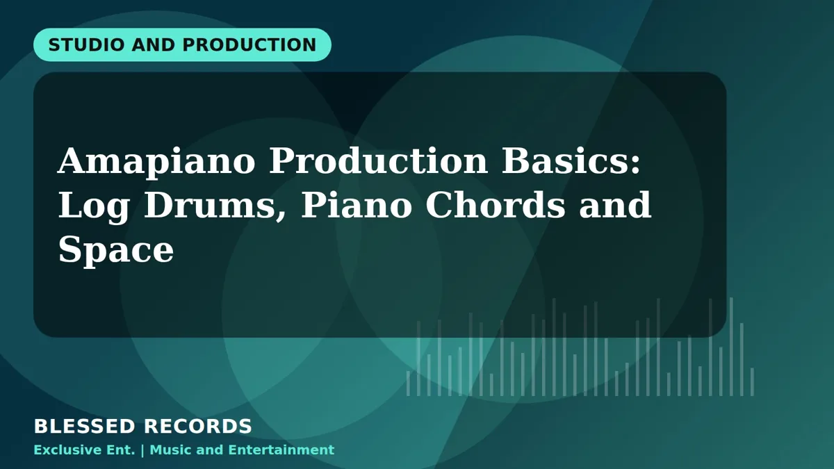 Title card: Amapiano Production Basics: Log Drums, Piano Chords and Space