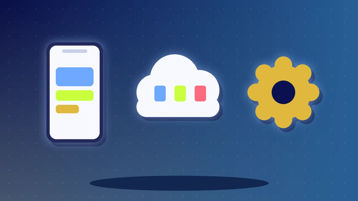 Illustration of a phone screen, a cloud with servers and a gear