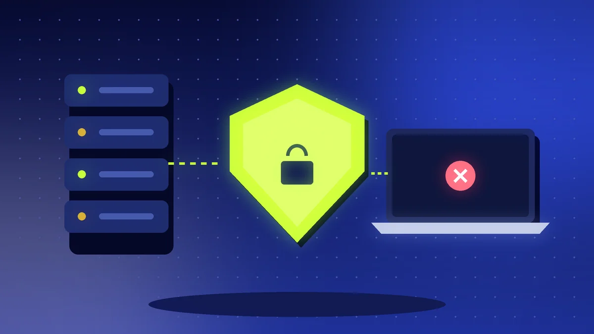 Server stack, a shield with a padlock and a laptop with a red warning mark