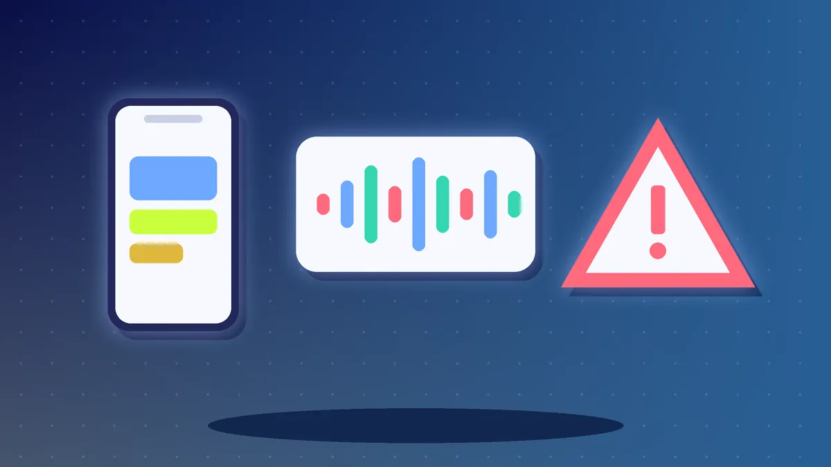 Illustration of a phone screen, a sound wave and a warning triangle