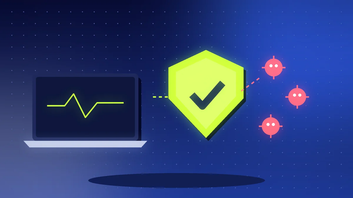 Laptop with a heartbeat line, a protective shield and red bug icons
