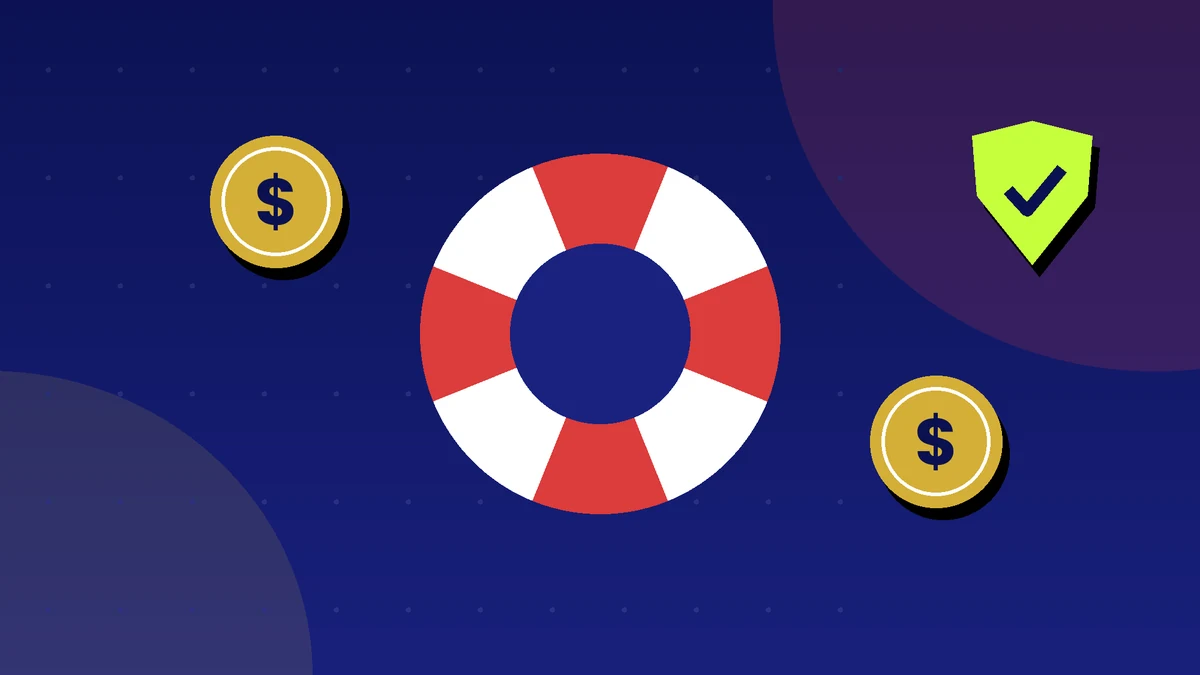 Red and white lifebuoy surrounded by coins and a shield