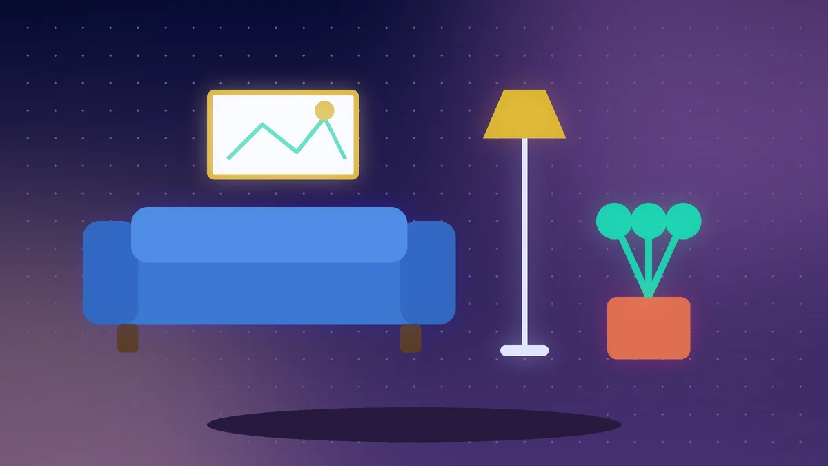 Blue sofa with a floor lamp, a framed picture and a potted plant