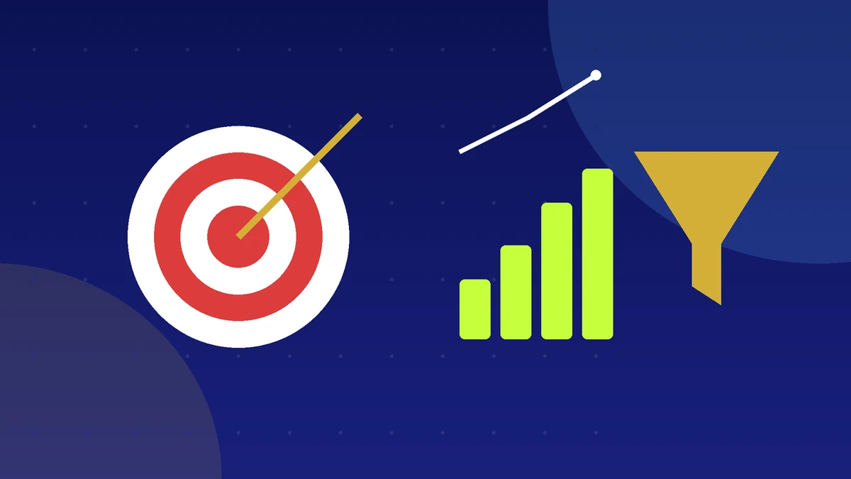 Target with an arrow beside a growth chart and a funnel representing conversion tracking
