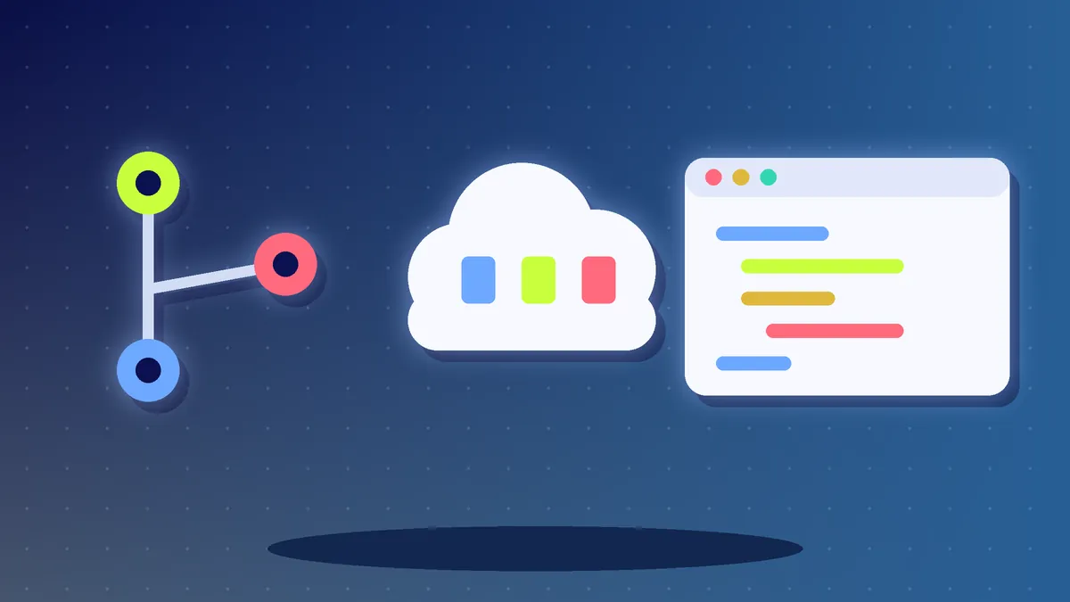Illustration of branching code commits, a cloud with servers and a code window