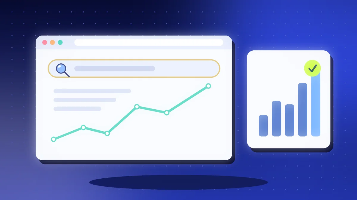 Browser window with a search bar, a rising line chart and a bar chart
