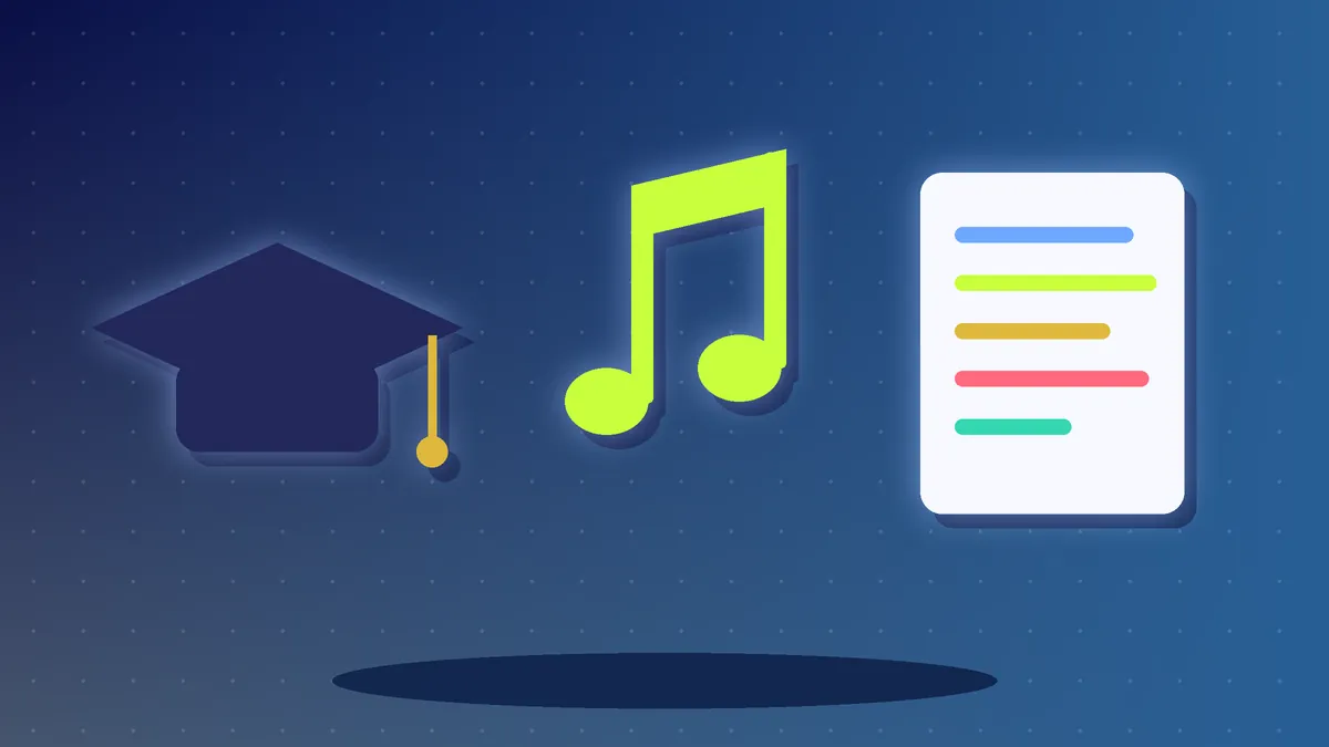 Illustration of a graduation cap, a music note and a document