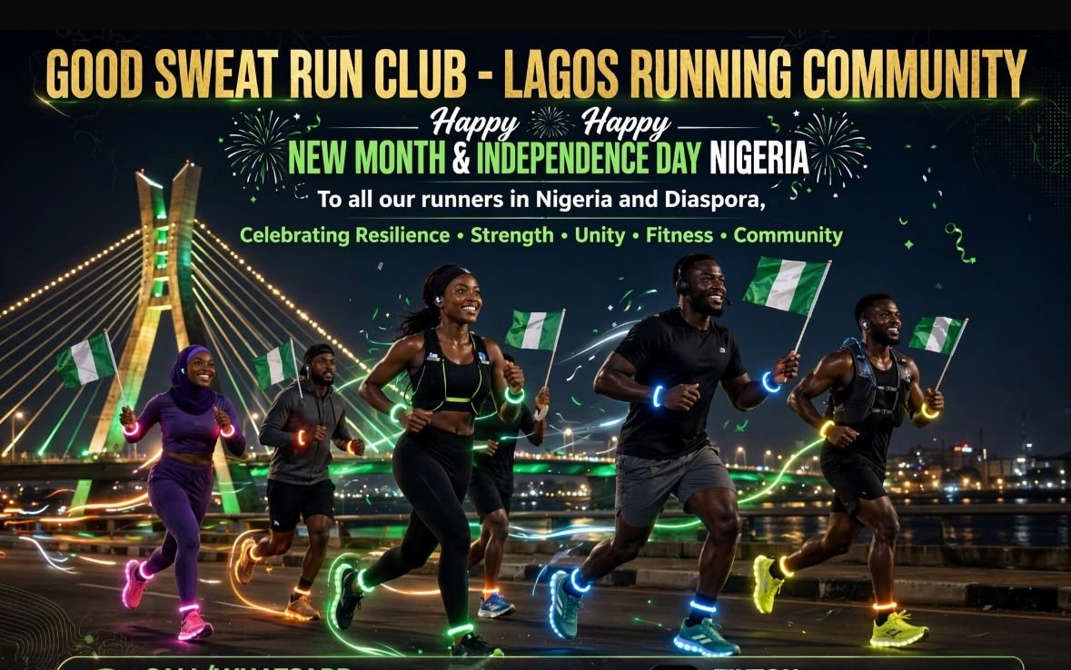 Good Sweat Run Club banner: Happy New Month and Independence Day Nigeria, runners with Nigerian flags and glow lights