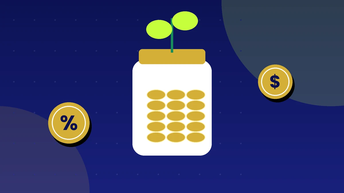 Glass jar of gold coins with a green seedling growing from it