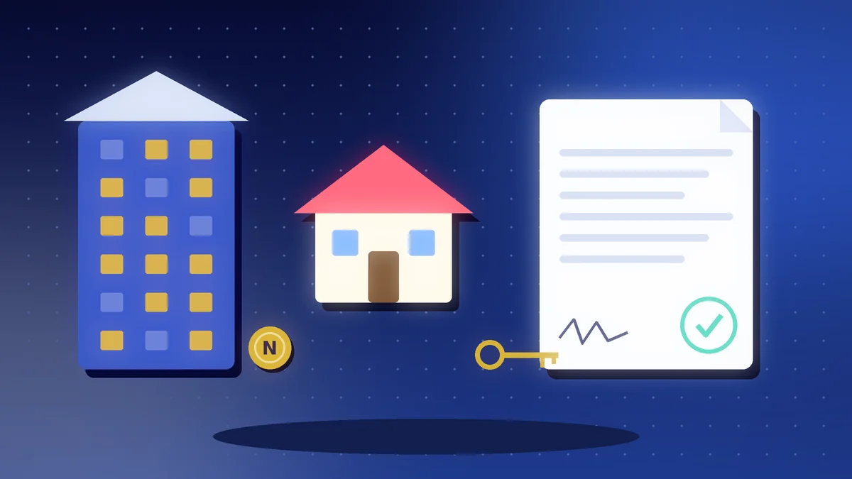 Bank building, a house, a key and a stamped agreement with a Naira coin