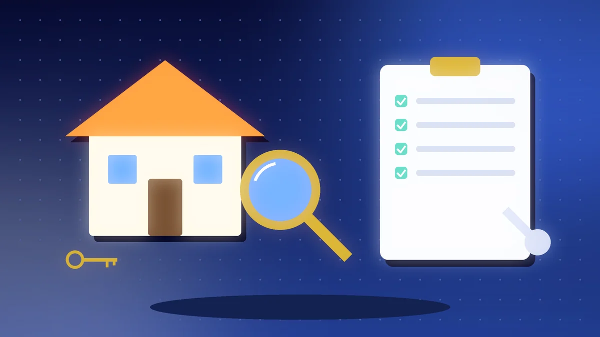 House with a magnifying glass beside a clipboard checklist and a key