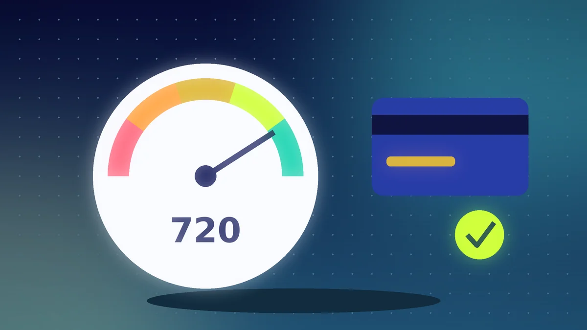 Credit score gauge showing 720 beside a bank card and a green check