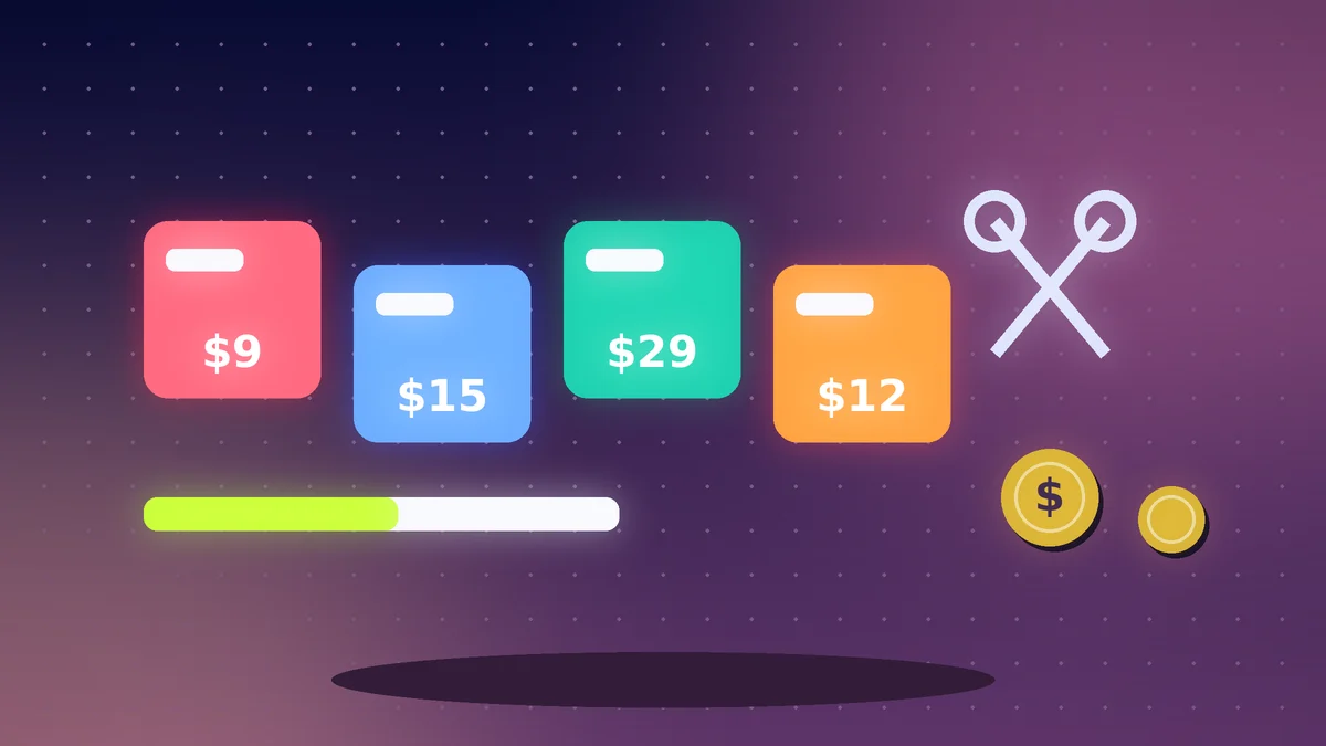 Coloured subscription cards with prices, scissors and gold coins