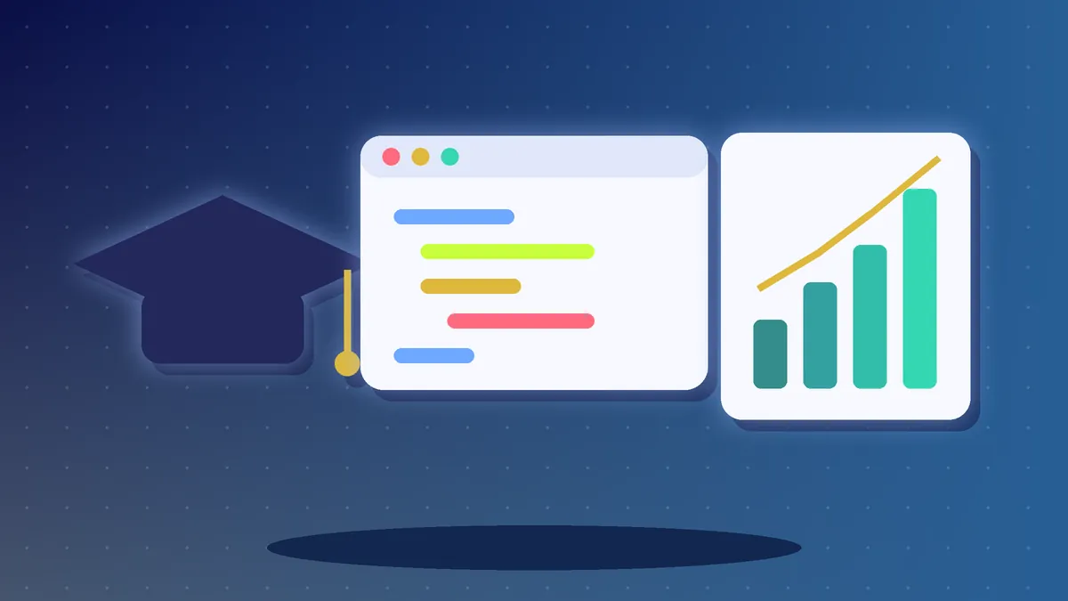 Illustration of a graduation cap, a code window and a rising bar chart