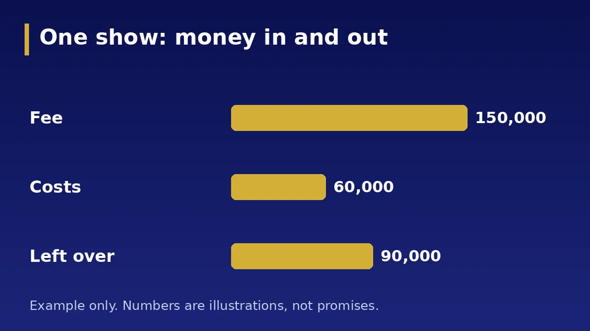 One show: money in and out: Fee minus transport, band and promotion (example)