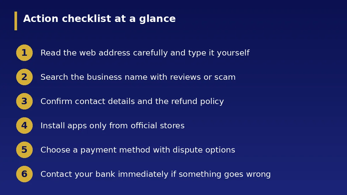 The action checklist at a glance: How to Check if a Website or App Is Safe Before You Pay