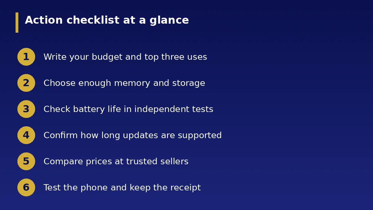 The action checklist at a glance: How to Choose a Good Smartphone Without Overspending