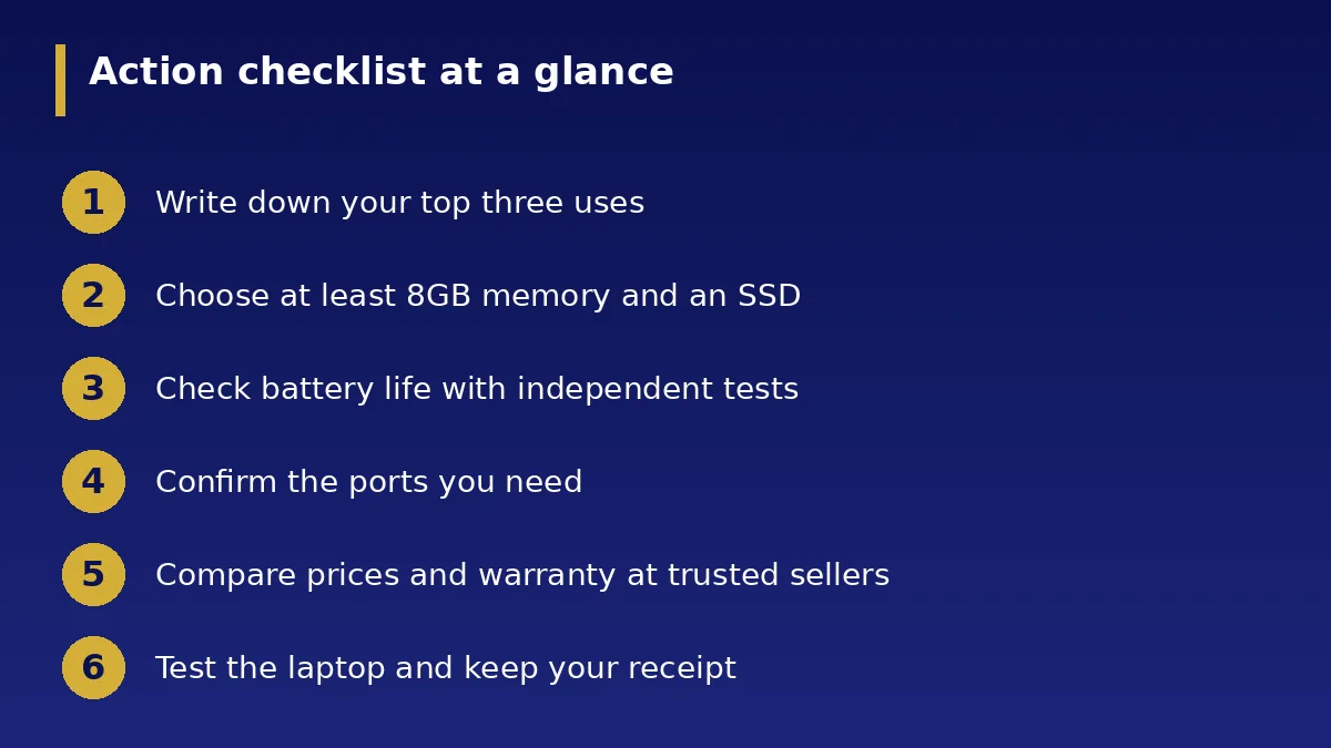 The action checklist at a glance: How to Choose a Laptop for Work or School