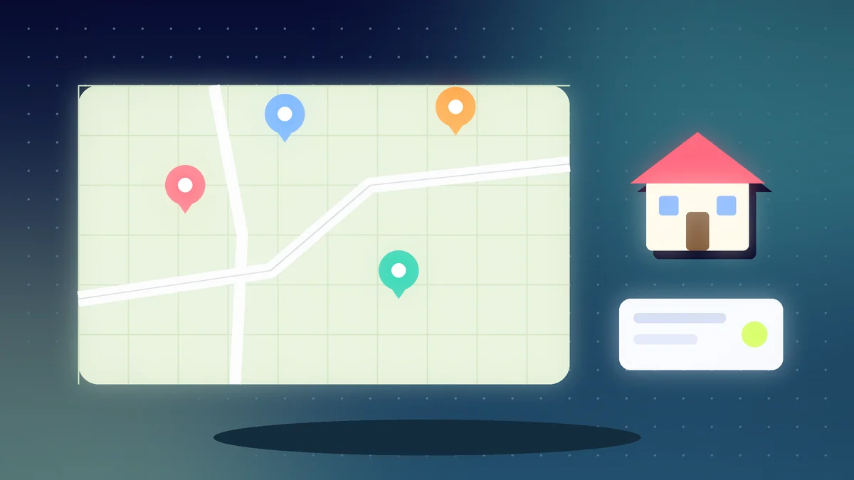 Map with coloured location pins beside a small house and an info card