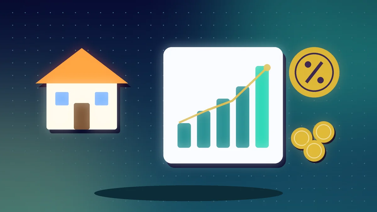 House beside a rising bar chart with a percentage coin and gold coins