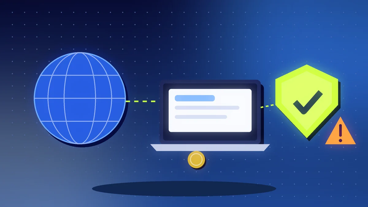 Globe, a laptop with a job listing, a verified shield and an orange warning triangle