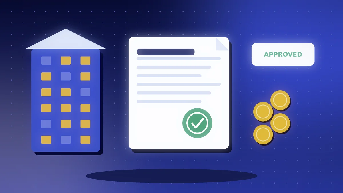 Bank building and an approved application with a check mark and gold coins