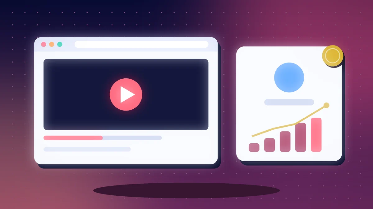 Video player window with a play button beside a profile card and a growth chart