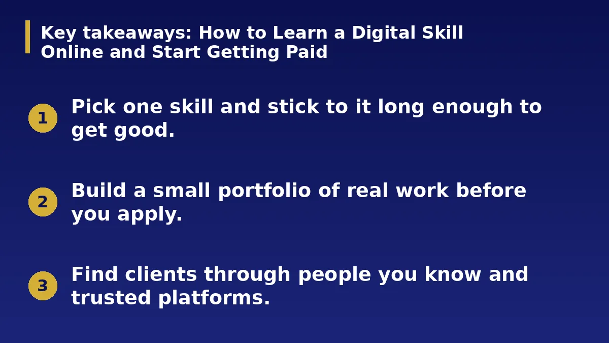 The three main points of this guide: How to Learn a Digital Skill Online and Start Getting Paid