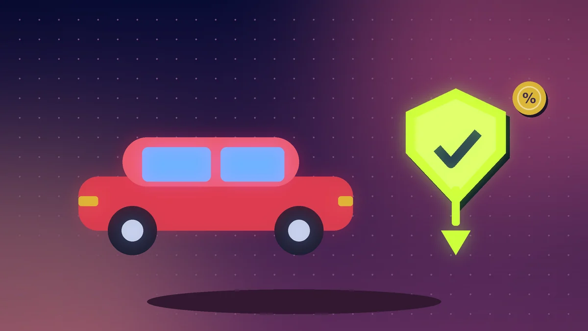 Red car beside a shield with a down arrow and a percentage coin