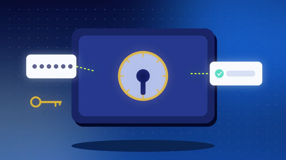 Digital vault with a keyhole, a password field and a golden key