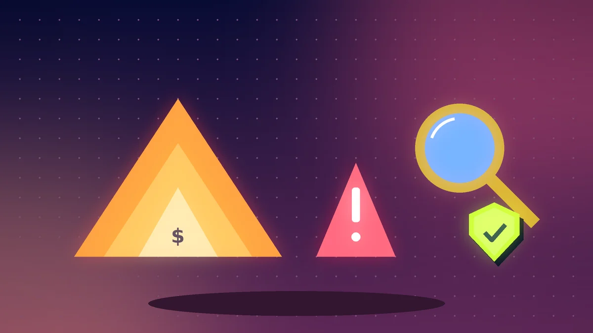 Golden pyramid with a dollar sign, a warning triangle, a magnifying glass and a shield