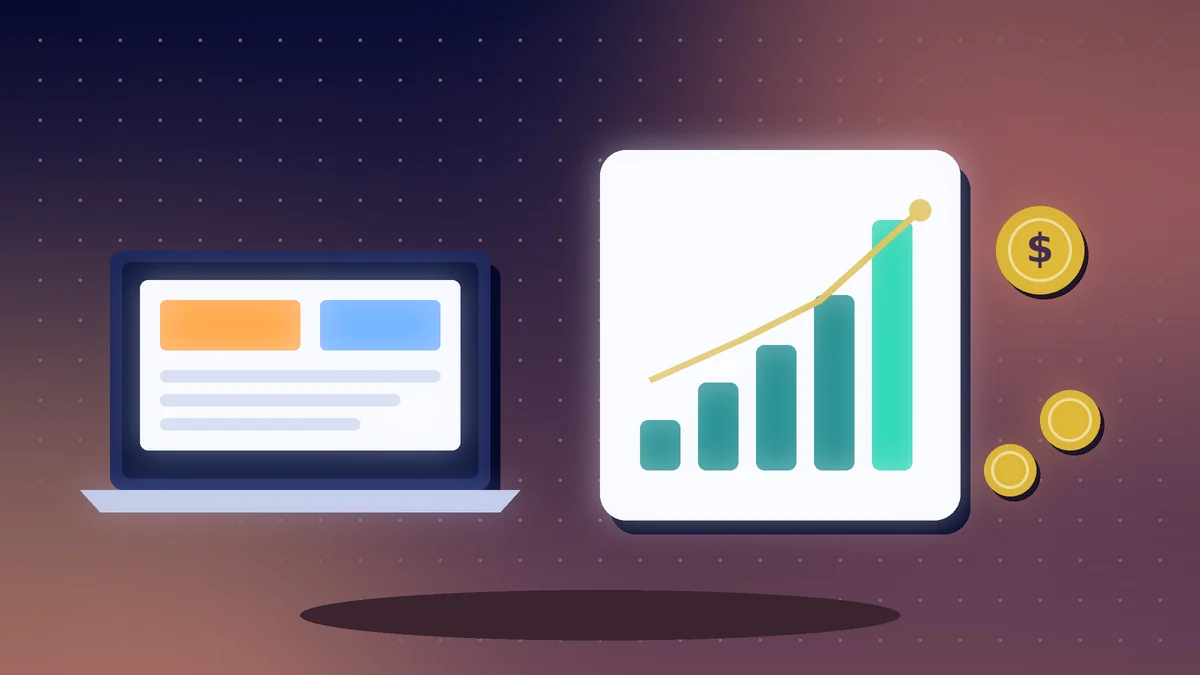 Laptop showing a blog layout beside a rising chart and gold coins