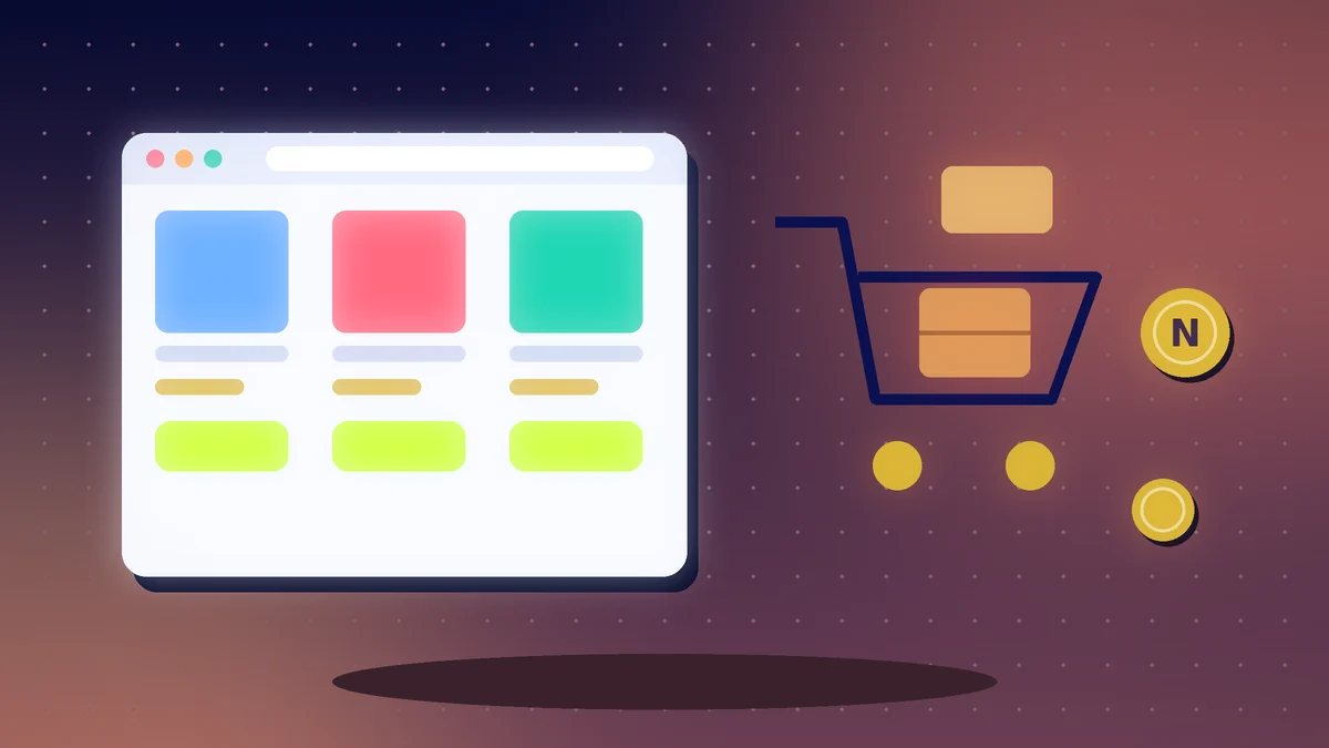 Store page with product cards beside a shopping cart full of parcels and a Naira coin