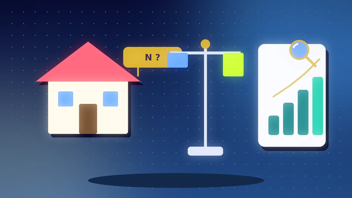 House with a question-mark price tag, a balance scale and a rising chart with a magnifying glass