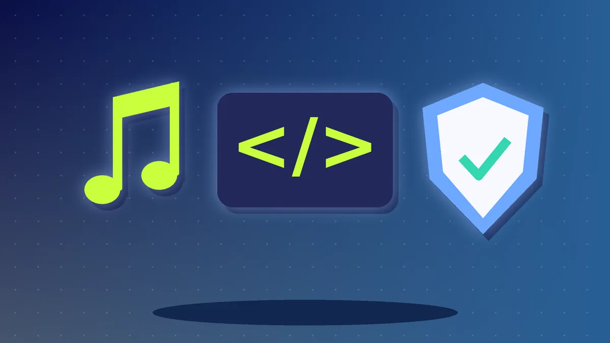 Illustration of a music note, a code symbol and a shield with a check mark