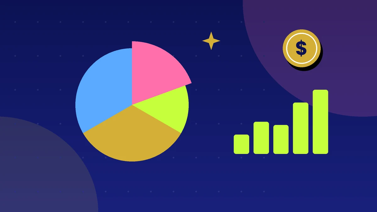 Colorful pie chart showing a slice of a share with coins and a rising chart