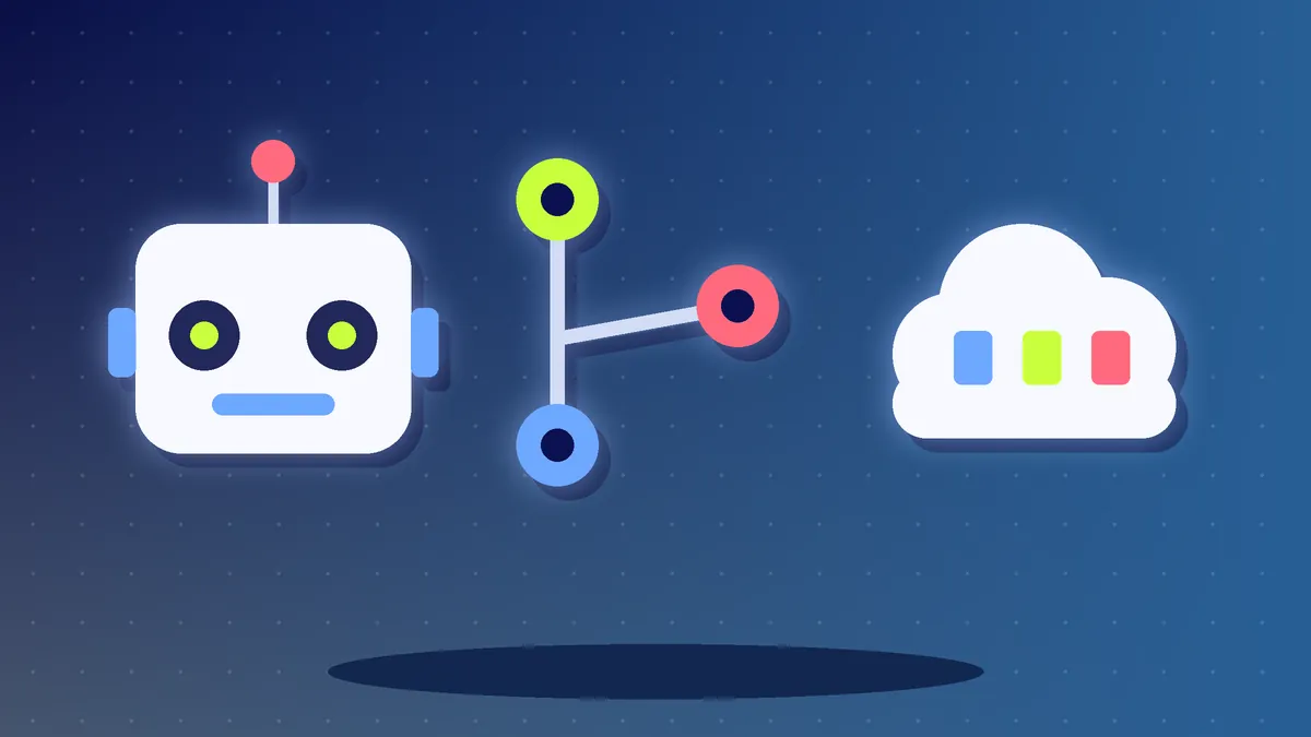 Illustration of a friendly AI robot, branching code commits and a cloud with servers