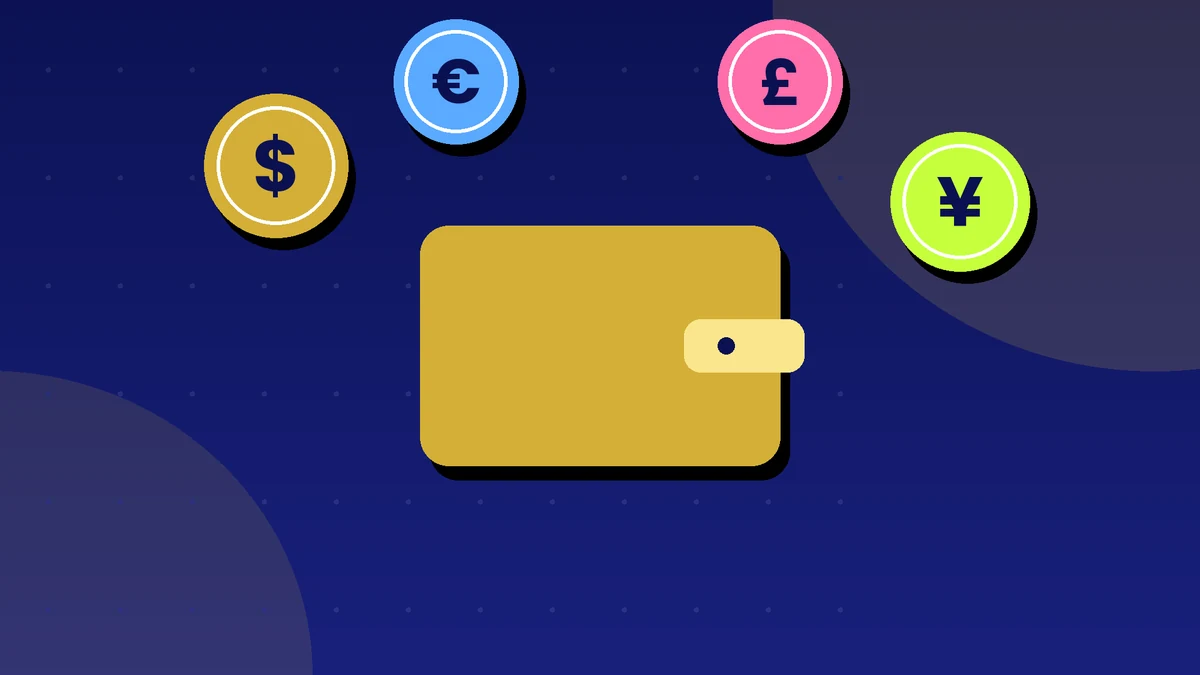 Wallet surrounded by dollar, euro, pound and yen coins