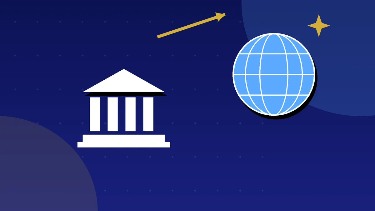 Bank building with a globe and an aeroplane representing international founders opening US accounts