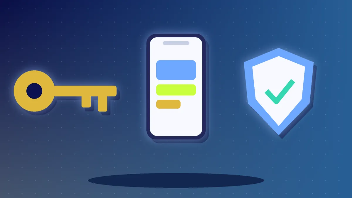 Illustration of a golden key, a phone screen and a shield with a check mark