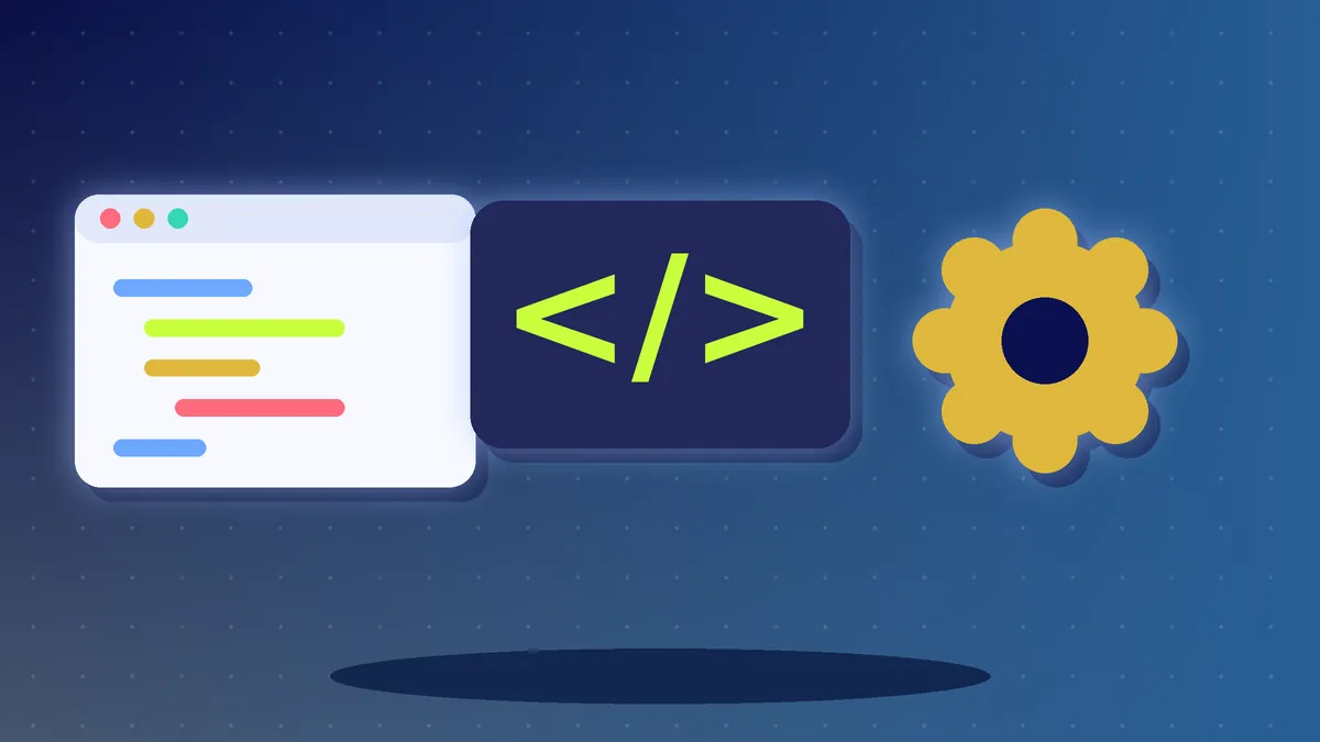 Illustration of a code window, a code symbol and a gear