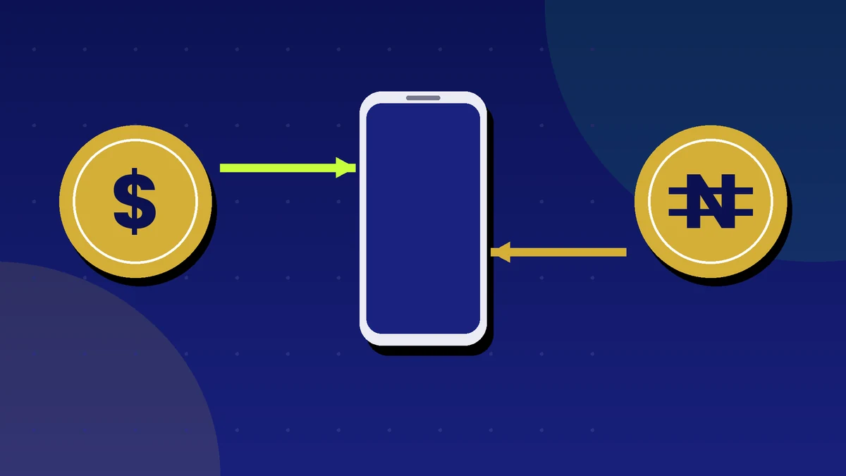 Dollar and Naira coins connected by arrows around a smartphone