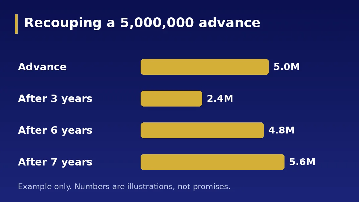 Recouping a 5,000,000 advance: Earning 800,000 a year toward recoupment (example)