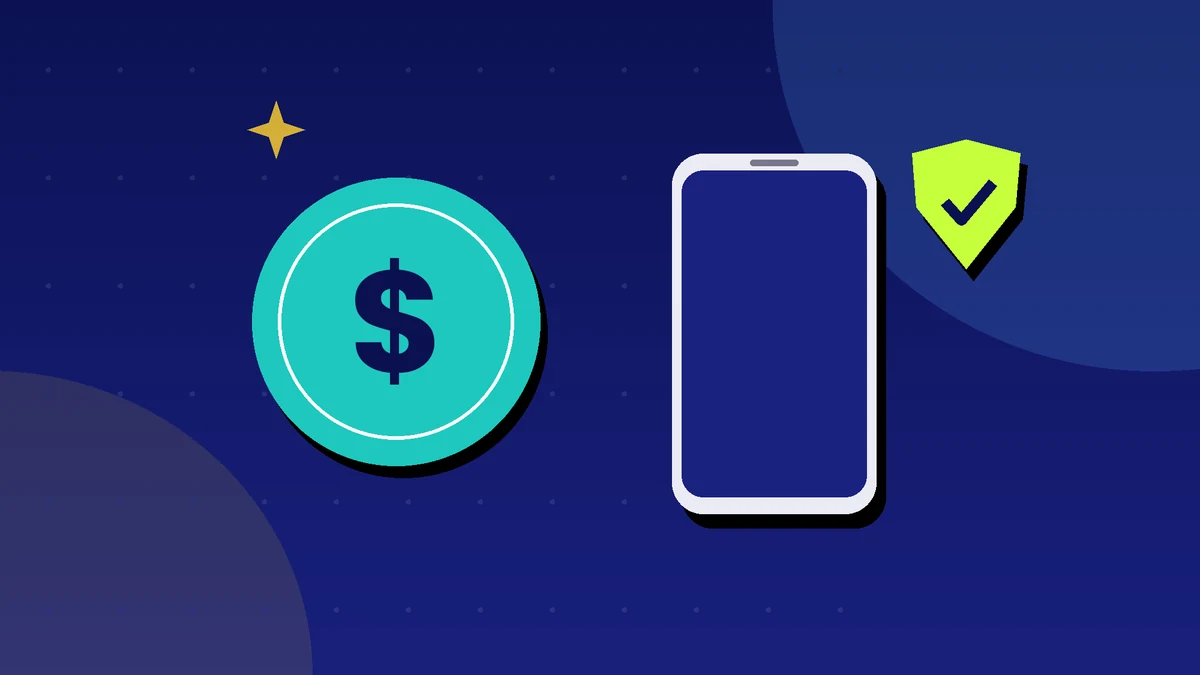 Illustration of a dollar coin, a phone screen and a shield with a check mark