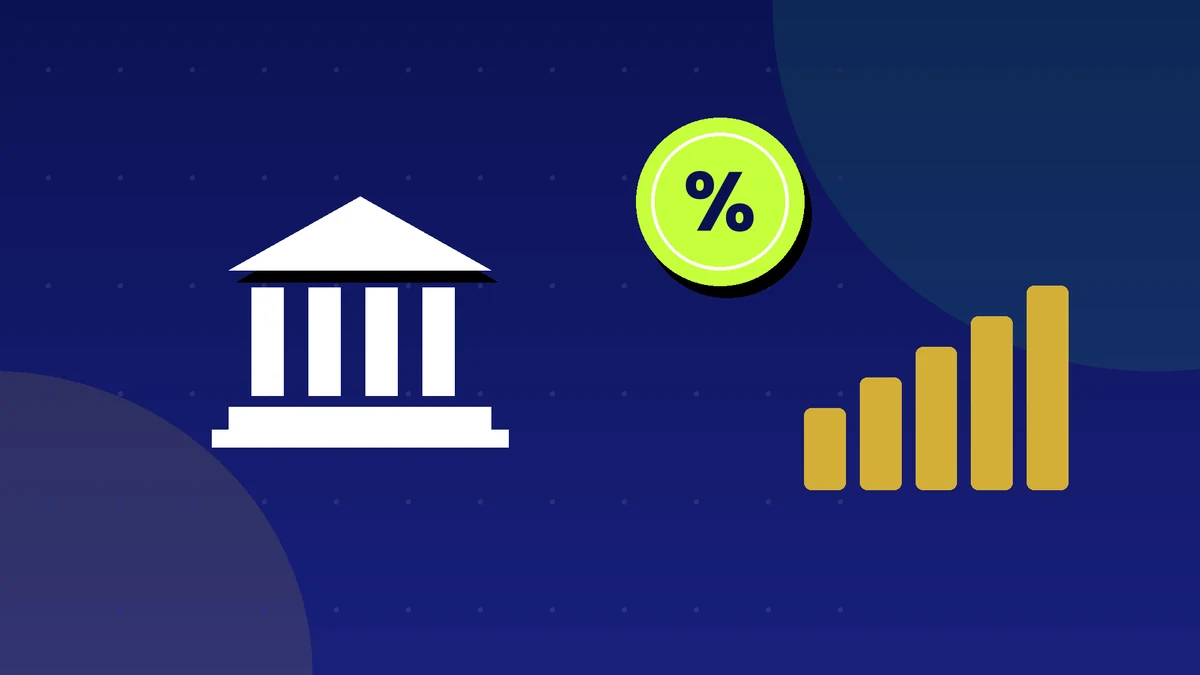 Illustration of a bank building, a percent sign and a rising bar chart
