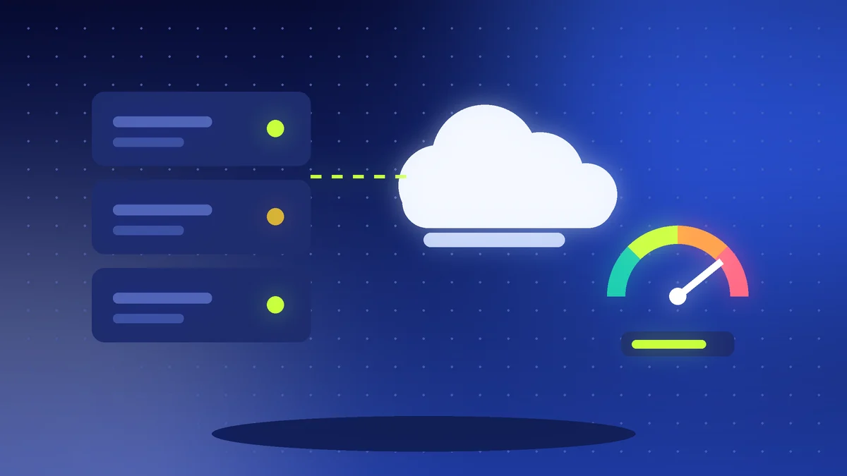 Server racks connected to a cloud, with a speed gauge