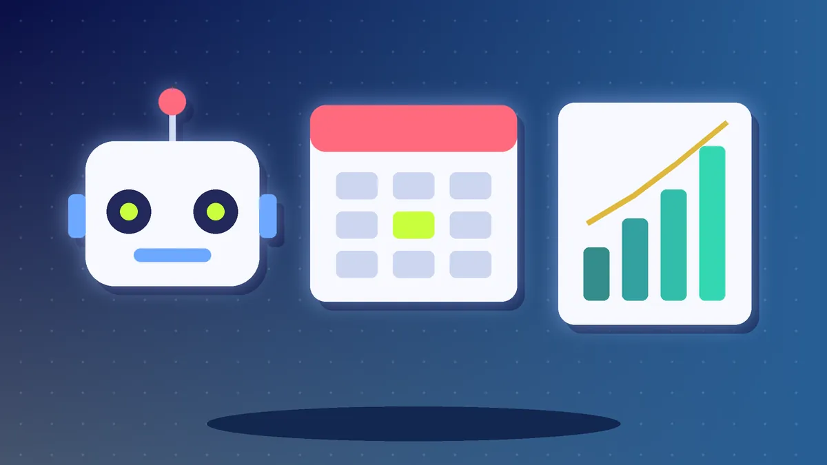 Illustration of a friendly AI robot, a calendar and a rising bar chart
