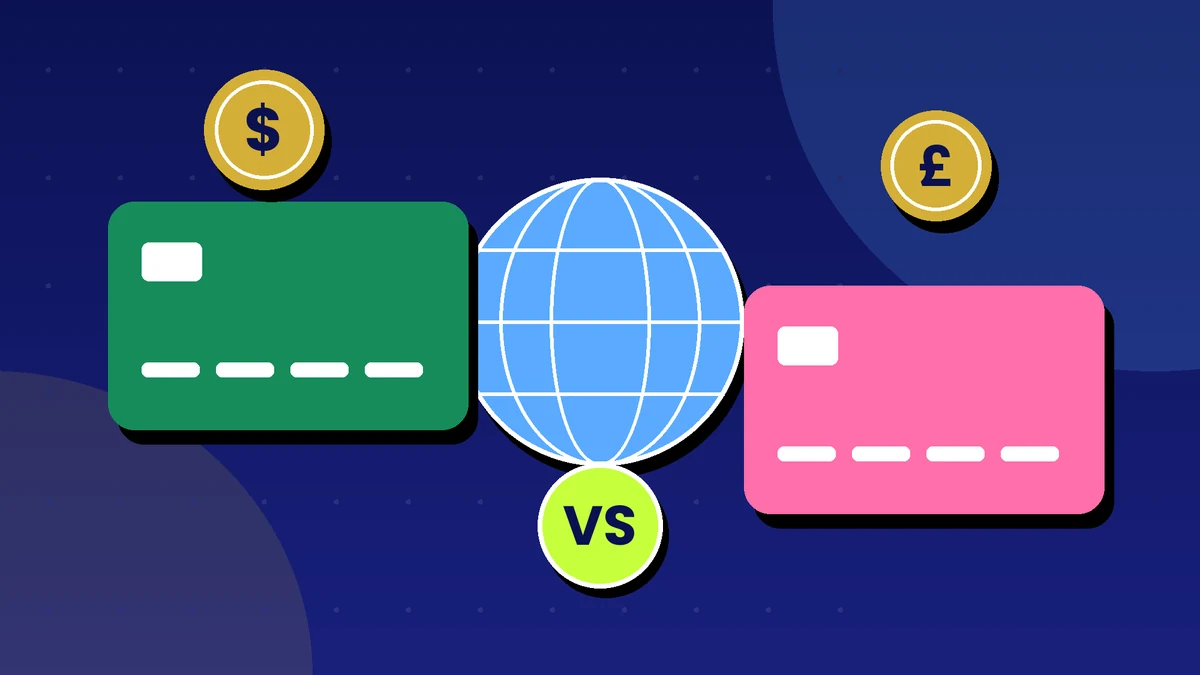 Globe with currency coins and two bank cards representing Wise versus Revolut for freelancers